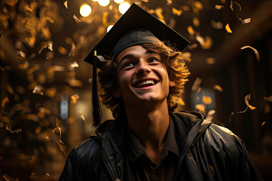 boy, beautiful olive skinned teenager, a 12th grade senior in gradutation cap and gown.genearative ai