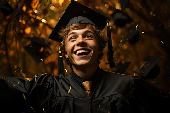boy, beautiful olive skinned teenager, a 12th grade senior in gradutation cap and gown.genearative ai