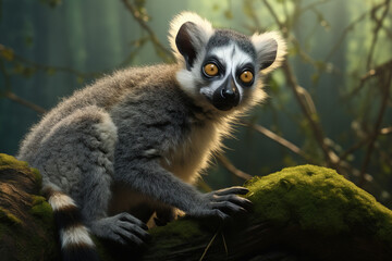 Image of ring-tailed lemur in the forest, Wildlife Animals., Generative AI, Illustration.