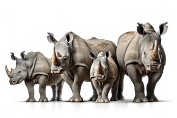 Fototapeta premium Image of family group of rhinoceross on white background. Wildlife Animals. Illustration, Generative AI.