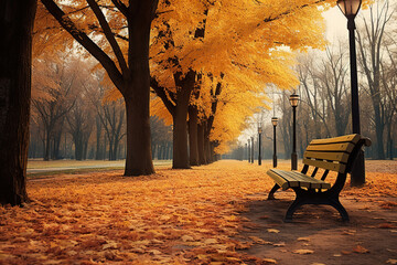 Park benches at Public Park in autumn - obrazy, fototapety, plakaty