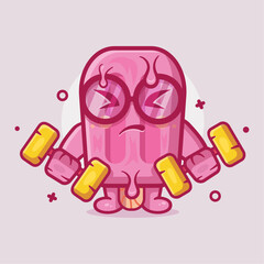 cute pink popsicle ice cream character mascot doing bodybuilding using dumbbell isolated cartoon in flat style design