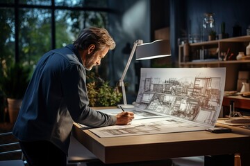 Fototapeta na wymiar Explore an architect in action, skillfully sketching a building's blueprint, unveiling the art of construction and design. 'generative AI'