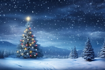 Holiday background with Christmas tree, snow, winter