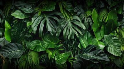 Dark green tropical leaves ( monstera, palm, coconut leaf, fern, palm leaf, banana leaf) Panorama background. concept of nature