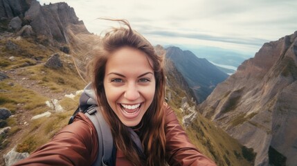 Naklejka premium Young woman traveler taking selfie on hills with mountains Happy and smiling hiker taking a selfie on the top of the mountain.