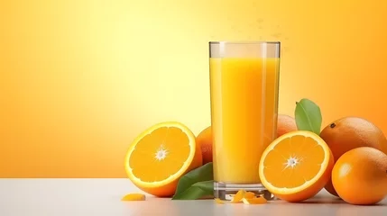 Poster orange juice with fresh fruit on yellow background © TilluArt
