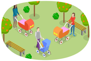 3D Isometric Flat  Conceptual Illustration of Parents Walk, Leisure Time in Park