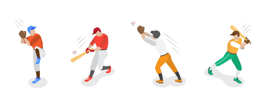 3D Isometric Flat  Set of Baseball Players, Various Actions of Player Character