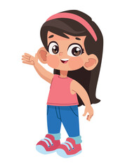 cartoon girl waving hand, icon isolated