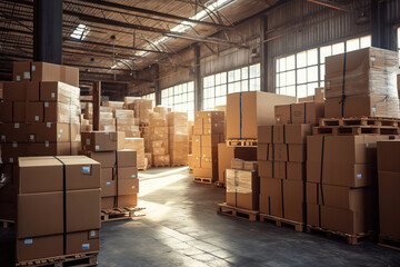 Cardboard boxes on pallets in distribution warehouse, modern warehouse interior