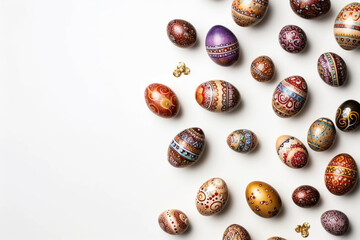 Decorative Easter eggs on white background, space for text. Top view
