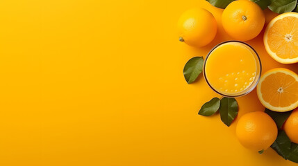 orange juice with fresh fruit on yellow background - obrazy, fototapety, plakaty
