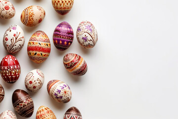 Decorative Easter eggs on white background, space for text. Top view