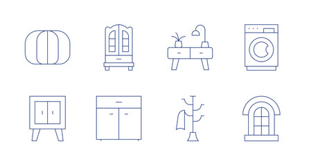Home furniture icons. editable stroke. Containing bean bag, cabinet, closet, cupboard, drawers, hat rack, washing machine, window.
