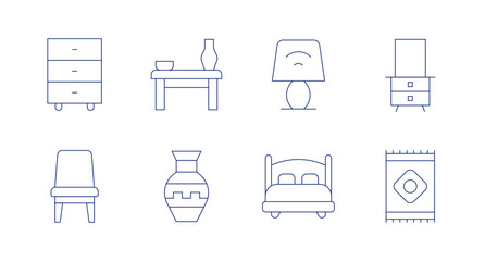 Home furniture icons. editable stroke. Containing cabinet, chair, table, vase, desk lamp, double bed, mirror, rug.
