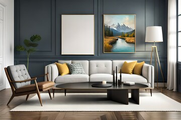 Mockup frame in farmhouse living room interior, 3d render
