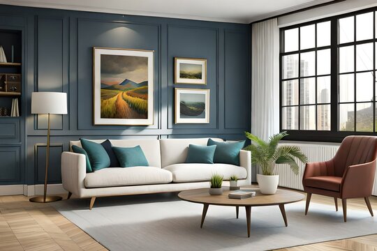 Mockup frame in farmhouse living room interior, 3d render. Modern living room