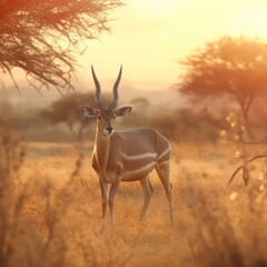 A kudu grazing in the sunrise in a farm
