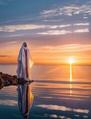Jesus in Robes Stands on Reflective Sea in Anger - obrazy, fototapety, plakaty