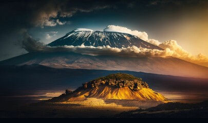 Kilimanjaro in Africa Half Hidden by Cumulus Clouds - obrazy, fototapety, plakaty