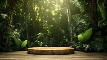 bright wooden podium set amidst a lush tropical forest.generative ai