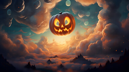 Halloween pumpkins flying in the night sky and moon, 3d render