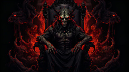 Fototapeta premium demon sitting on throne painting horror halloween background scary wallpaper fire fierce. Generative AI