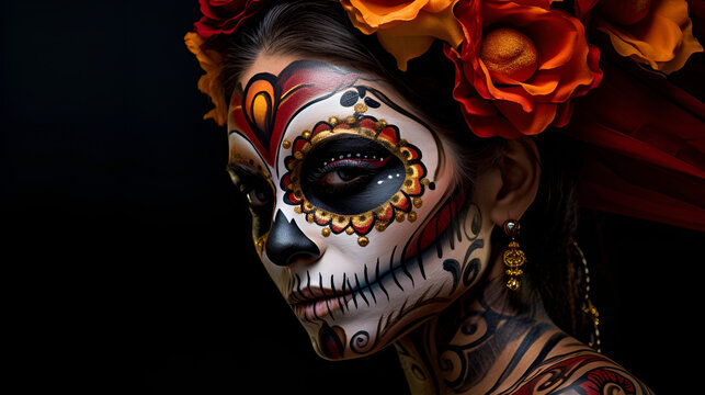 Day of the Dead painted face beautiful woman colorful Mexico holiday festive background wallpaper 16:9. Generative AI