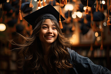 Obraz premium girl, beautiful light skinned teenager, a 12th grade senior in gradutation cap and gown.generative ai