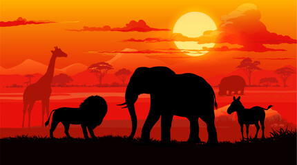 Fototapeta na wymiar African sunset landscape with safari animals silhouettes. Africa nature park, savannah wildlife vector background with lion, elephant, zebra, hippopotamus and giraffe animals sunset silhouettes