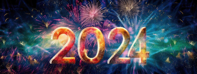 Beautiful creative holiday background with fireworks and Sparkling font 2024 - obrazy, fototapety, plakaty