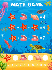 Math game worksheet. Cartoon animals, fish and seashells. Education riddle, kids mathematical quiz vector worksheet with starfish, seashell and pearl, stingray, ocean fish, turtle funny characters