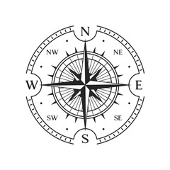 Old compass, vintage map wind rose star with east, west north and south arrow directions, vector symbol. Marine navigation and nautical travel compass or windrose of sail cartography and seafaring