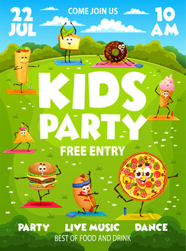Naklejki Kids party flyer with cartoon funny fast food characters on yoga, vector event poster. Kids party entertainment invitation and entry flyer with pizza, cheeseburger, hot dog or burrito on fitness sport
