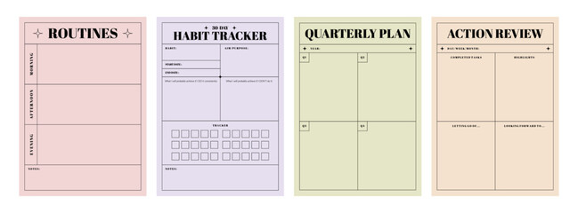Printable Planner Template Collection with Habit Tracker, Routines, Quarterly Plan, and Review for Productivity Journal