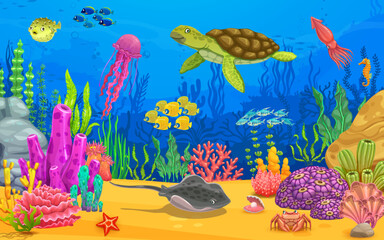 Fototapeta na wymiar Cartoon sea animals, turtle, stingray, jellyfish and fish shoal in underwater ocean landscape, vector game level. Undersea background with coral reef underwater world, tropical fishes and seashells