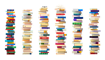 High book stacks in piles, school textbooks and library literature heaps, vector tower rows. Education or reading books, study textbooks dictionary stack piles in bookstore or bookshop with bookmarks