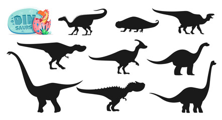 Isolated dinosaurs cartoon characters silhouettes. Plateosaurus, Hyperodapedon, Tarbosaurus and Parasaurolophus, Vulcanodon, Omeisaurus, Allosaurus and Brachiosaurus, Iguanodon dinosaurs silhouettes