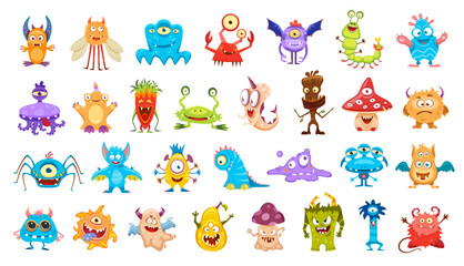 Cartoon cute funny monster characters. Cute bacteria, alien bug or insect, spooky bat, crab, fantastic octopus, fairy mushroom and spider, slime monster, stump and devil isolated vector personages © Vector Tradition