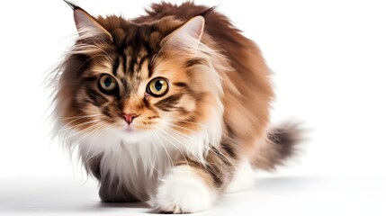 Obraz premium Exotic Norwegian Forest Cat breed pet walking isolated on whites studio shot. Generative AI technology.