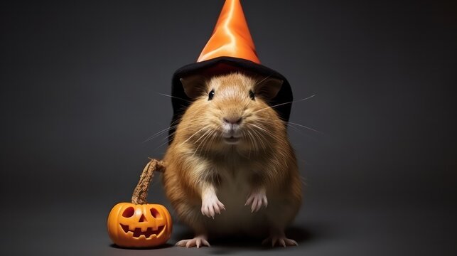 a photograph of cute capybara use witch hat for halloween celebration