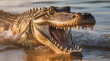 Close up face of Crocodile and his open mouth swimming in the water. Generative AI technology.
