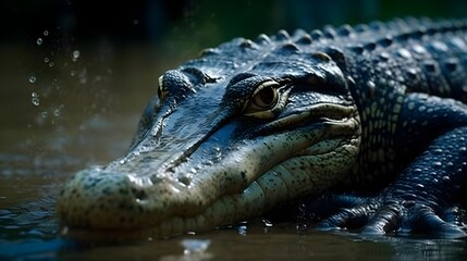 Fototapeta premium Close up face of Crocodile in the water. Generative AI technology.