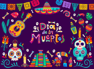 Dia de los Muertos banner. Day of the Dead calavera skulls, candles and papel picado flags. Mexican culture festival poster, vector backdrop with inca pyramid, ornate sugar skull, guitar and sombrero