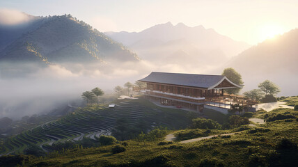 Homester house, size 12x12 meters, modern design, minimal, located on the mountain.generative ai