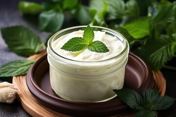 Obraz na płótnie Canvas Green Leaf Cannabis meets White Cream Jar: Tabletop Elegance. Generative AI