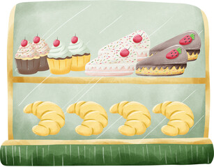 Watercolor Coffee Shop Element with Bakery Display Cabinet Hand Draw