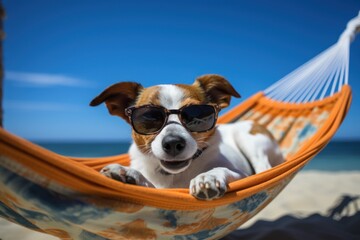Laid-Back Jack Russell: Unwinding on Vacation on the beach. Generative AI