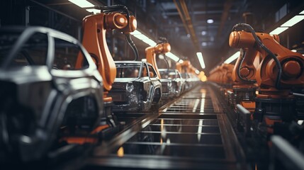 Robot arm on the automobile line production by AI generate.